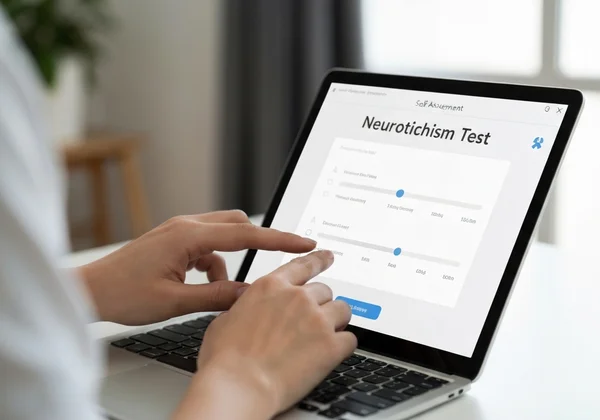 A user interacting with an online neuroticism test interface.