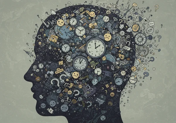 Person with swirling thoughts, representing worry and rumination.