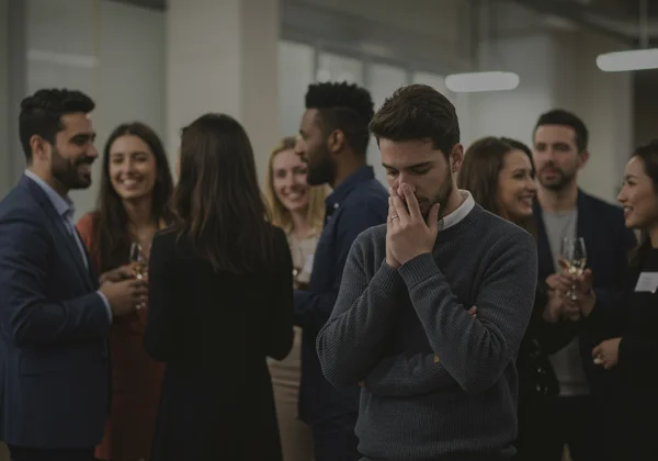Anxious person in a crowded social gathering.