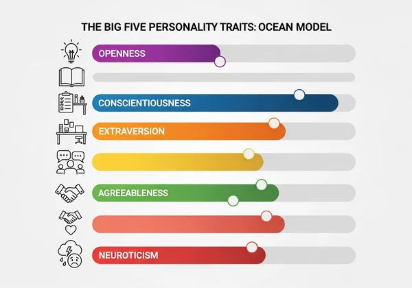 Infographic of Big Five OCEAN traits on a spectrum.
